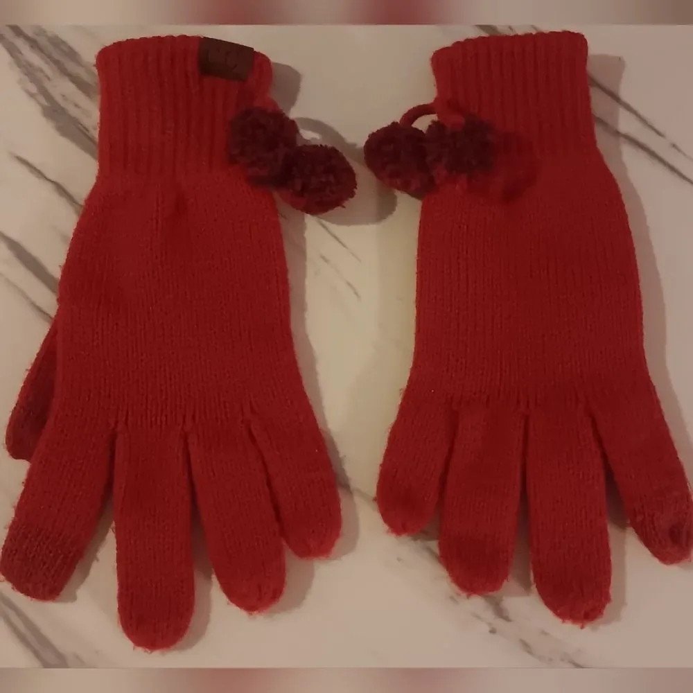C.C Red Knit Gloves with Pom-Poms